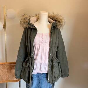 H&M Divided Olive Green Faux Fur Lined Hooded Utility Parka Jacket